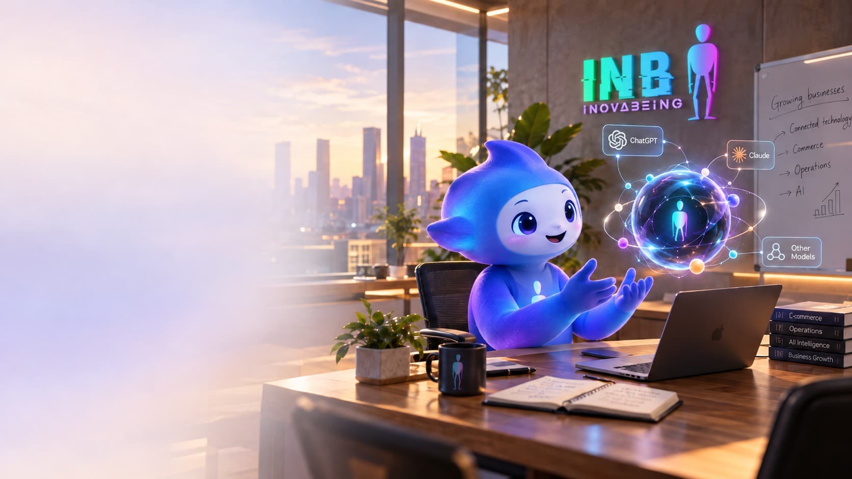 Nova, the INovaBeing assistant, at a desk in the INovaBeing office connecting AI models to commerce and operations