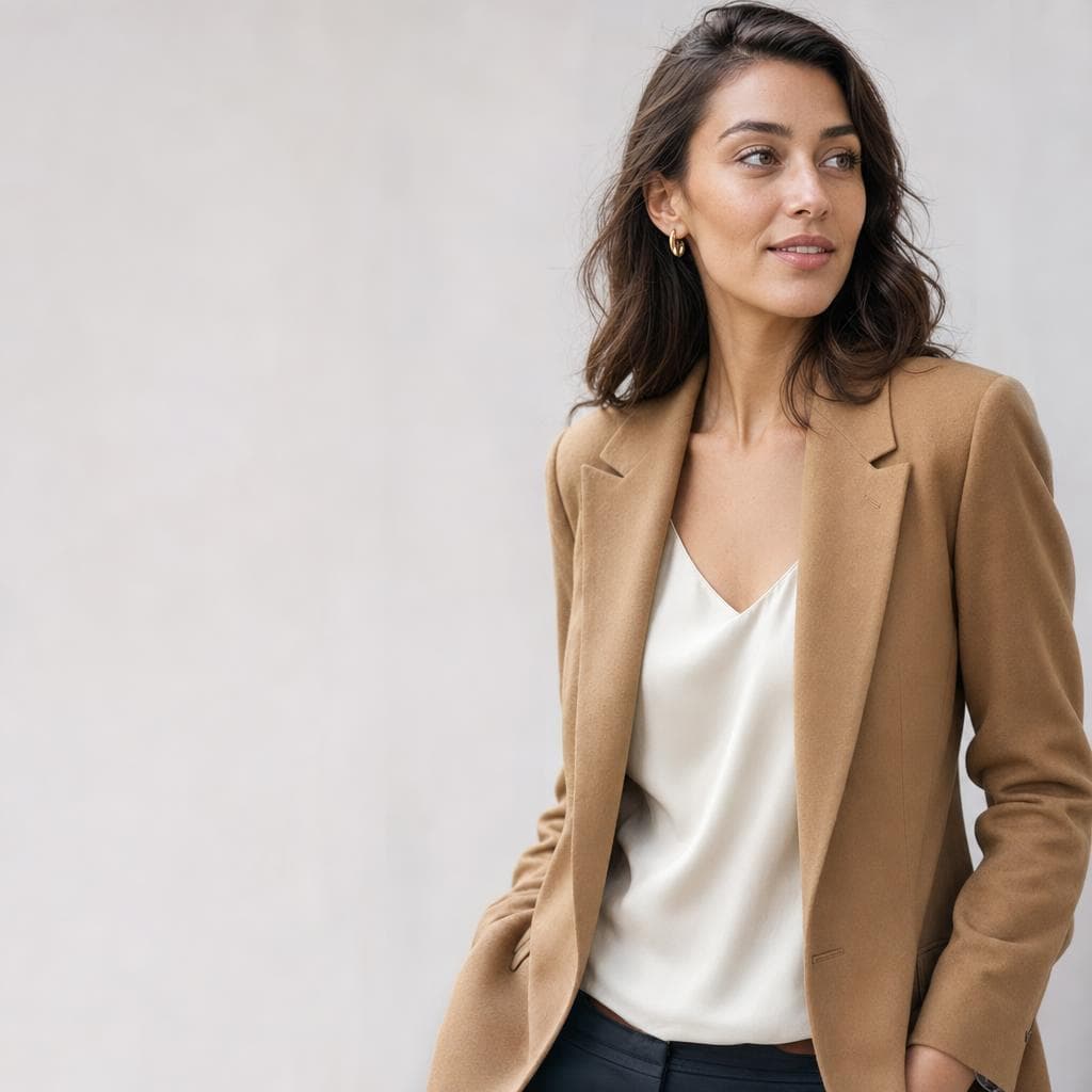 Model in a camel blazer on a demo storefront banner