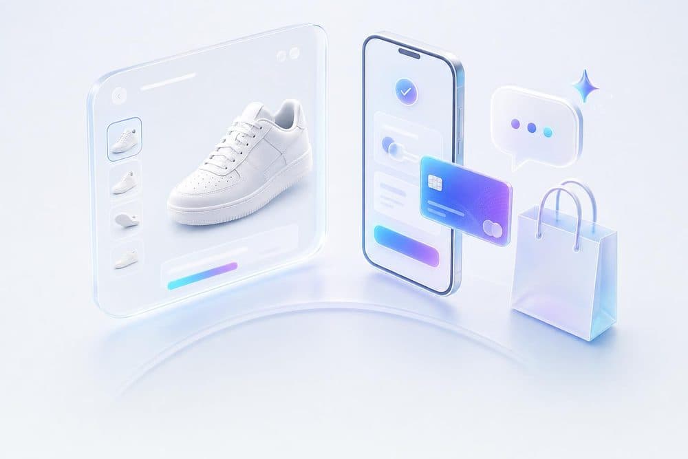 Floating storefront, mobile checkout and AI shopping-assistant panels