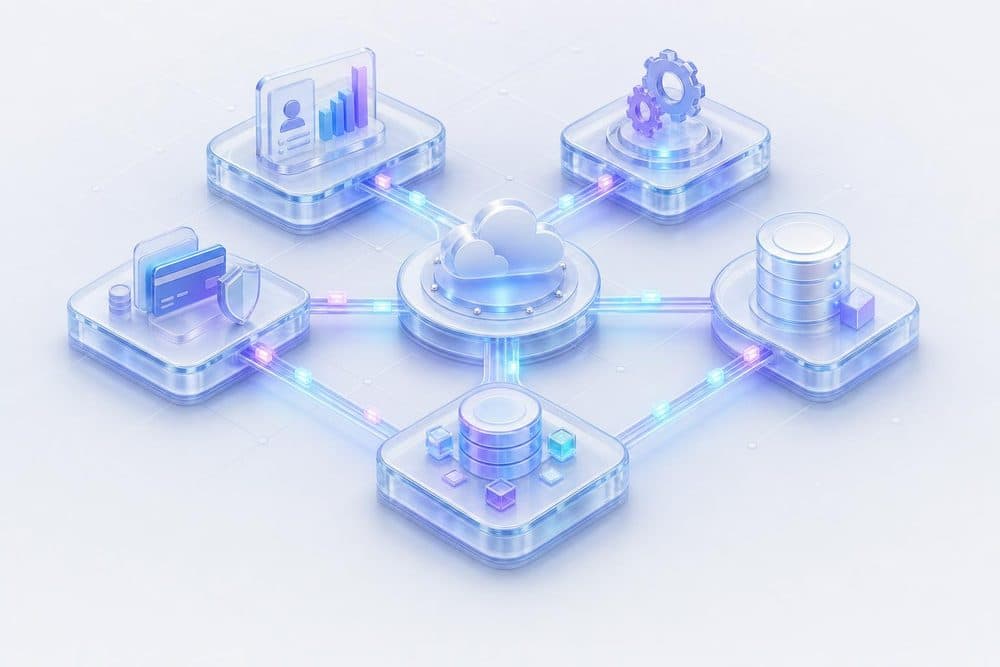 Platform blocks for CRM, payments, cloud and data linked by glowing conduits