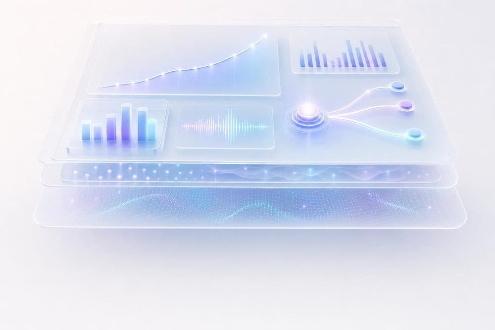 Layered dashboards with a forecast curve, charts, a voice waveform and a branching decision node
