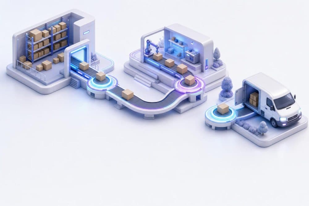 Parcels flowing from warehouse to vendor workshop to delivery van along an orchestrated route