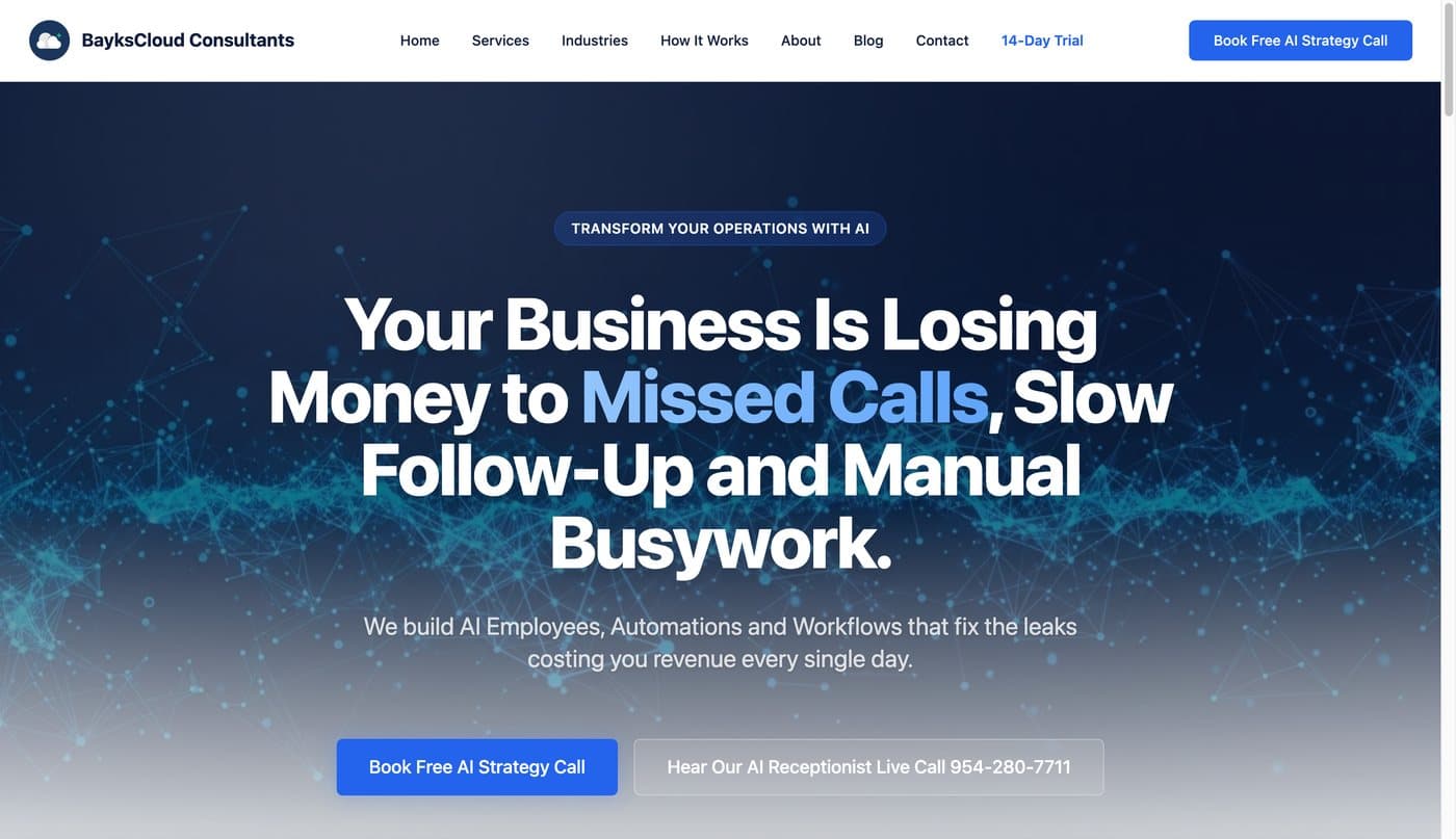 BayksCloud website offering a live call with its AI receptionist